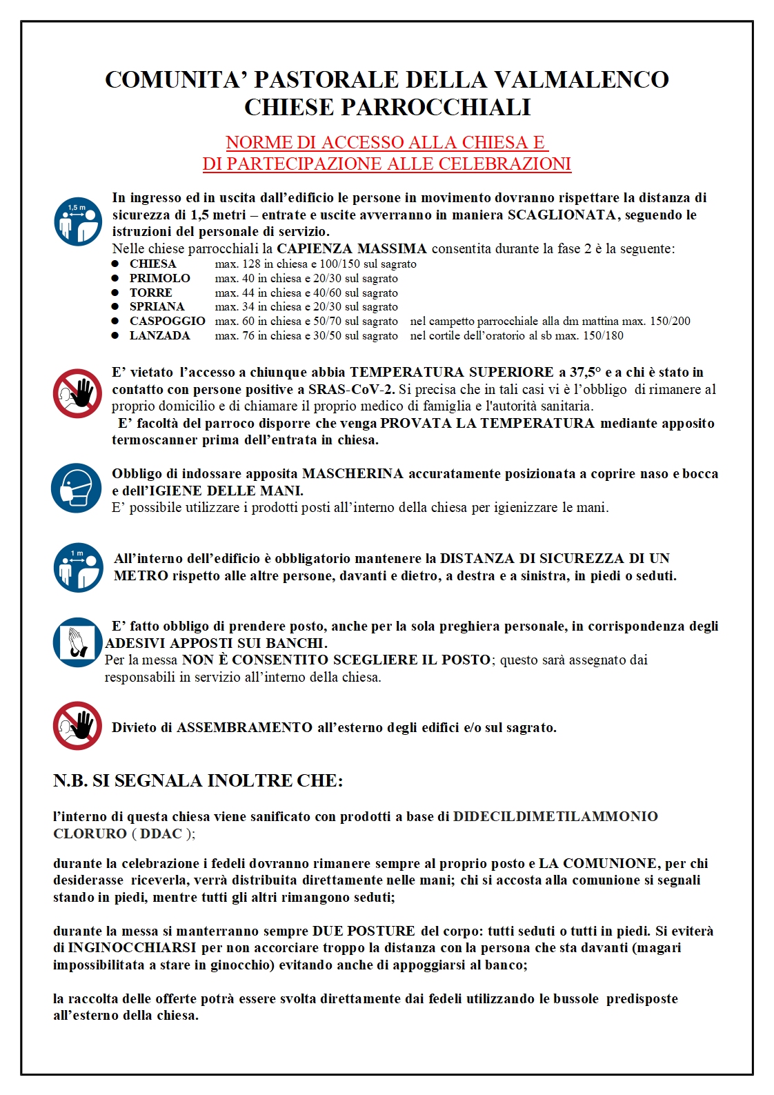 Le principali norme di accesso alle chiese e di partecipazione alle celebrazioni nella Comunità Pastorale della Valmalenco